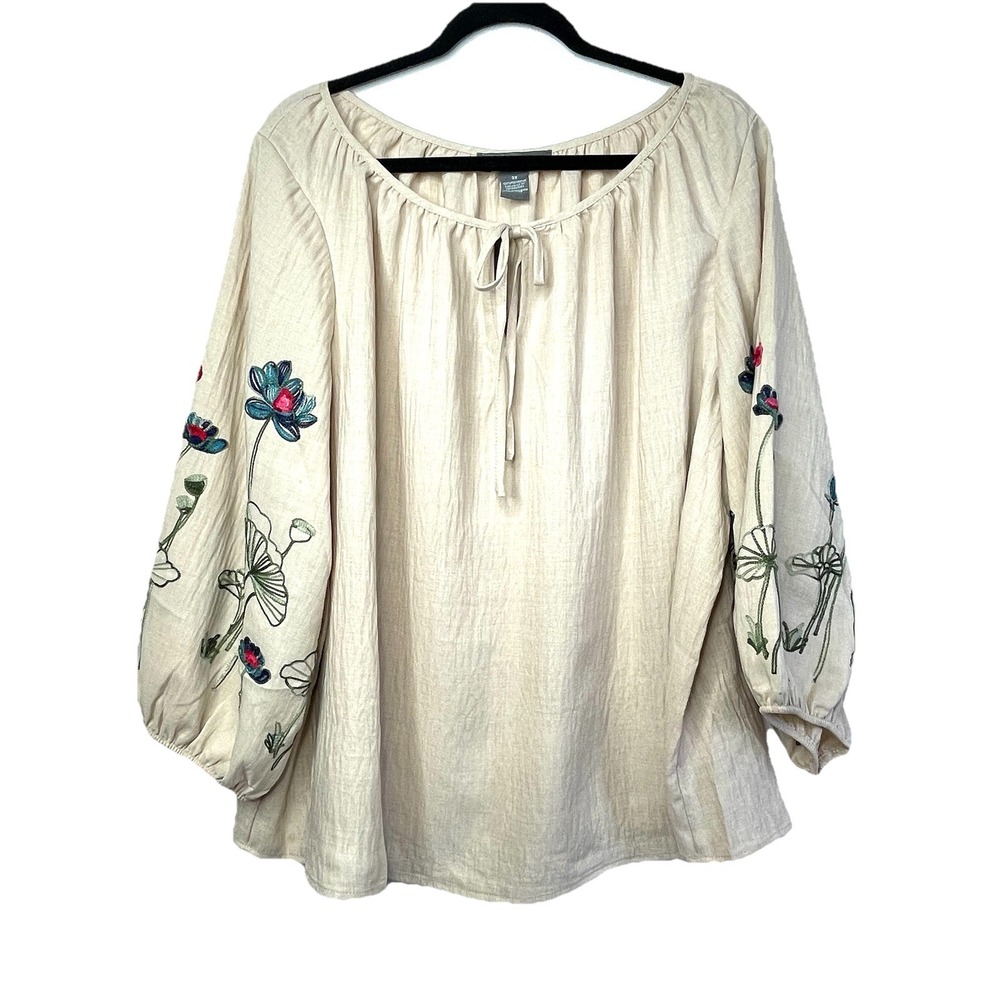 NWT Olivia & Martin Boho Embroidered Peasant Blouse Ballon Sleeves‎ Size 3X - Picture 6 of 11